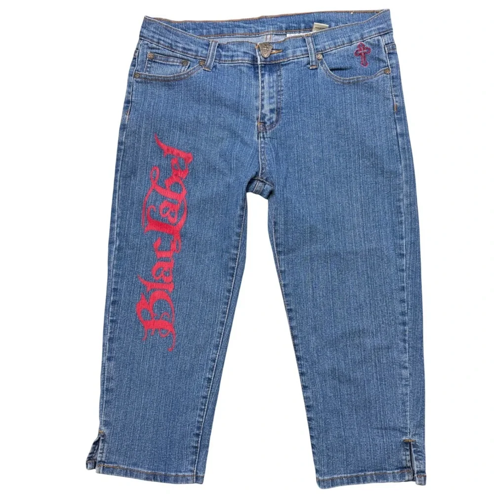 Black Label‎ Y2K Capri Jeans 13 14 Rose Graphic Blue